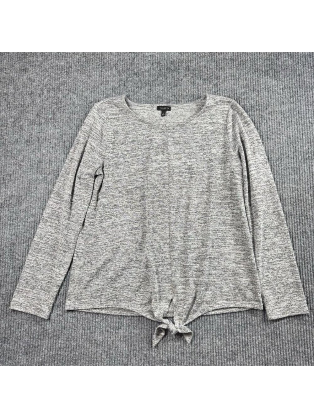 Talbots Metallic Knit Shirt Womens Medium Heather Gray Long Sleeve Tie Front Hem